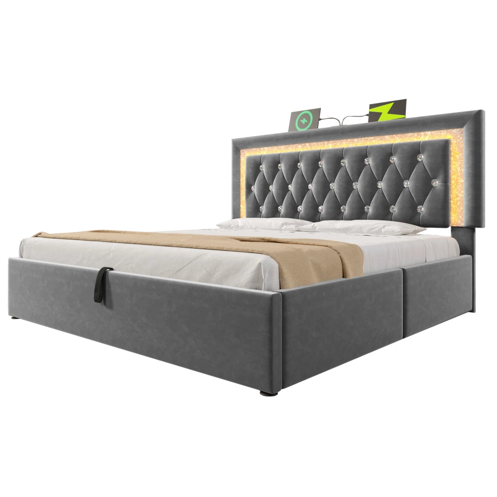 Letto matrimoniale – 140x200 cm – LED USBC contenitore idraulico – velluto grigio
