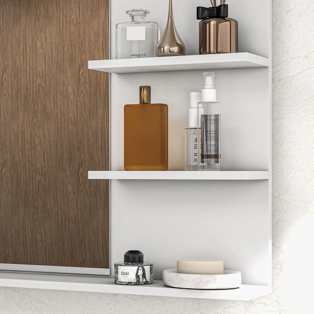 EasyComfort Specchio da Bagno a Parete con 2 Ripiani Laterali e Ripiano Inferiore, in MDF e Vetro con verniciata, 75x10x48 cm, Bianco