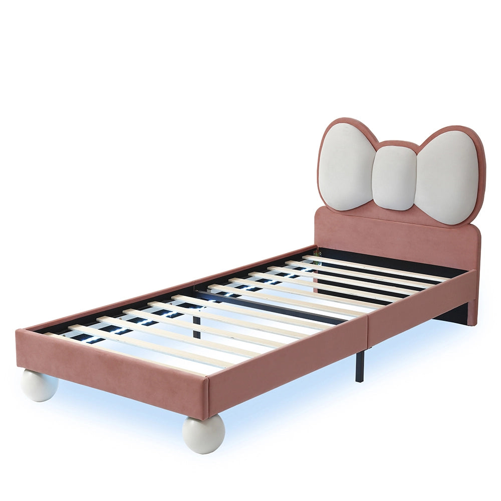 Letto bambino-Xylo-90x200 cm-testa mosca, LED regolabile, velluto, beige+rosa