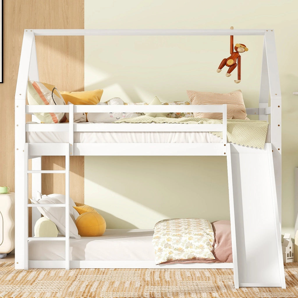 Letto a Castello 2 Posti con Scivolo e Scala; 90 x 200 cm; senza Materasso; in Legno e MDF; Bianco