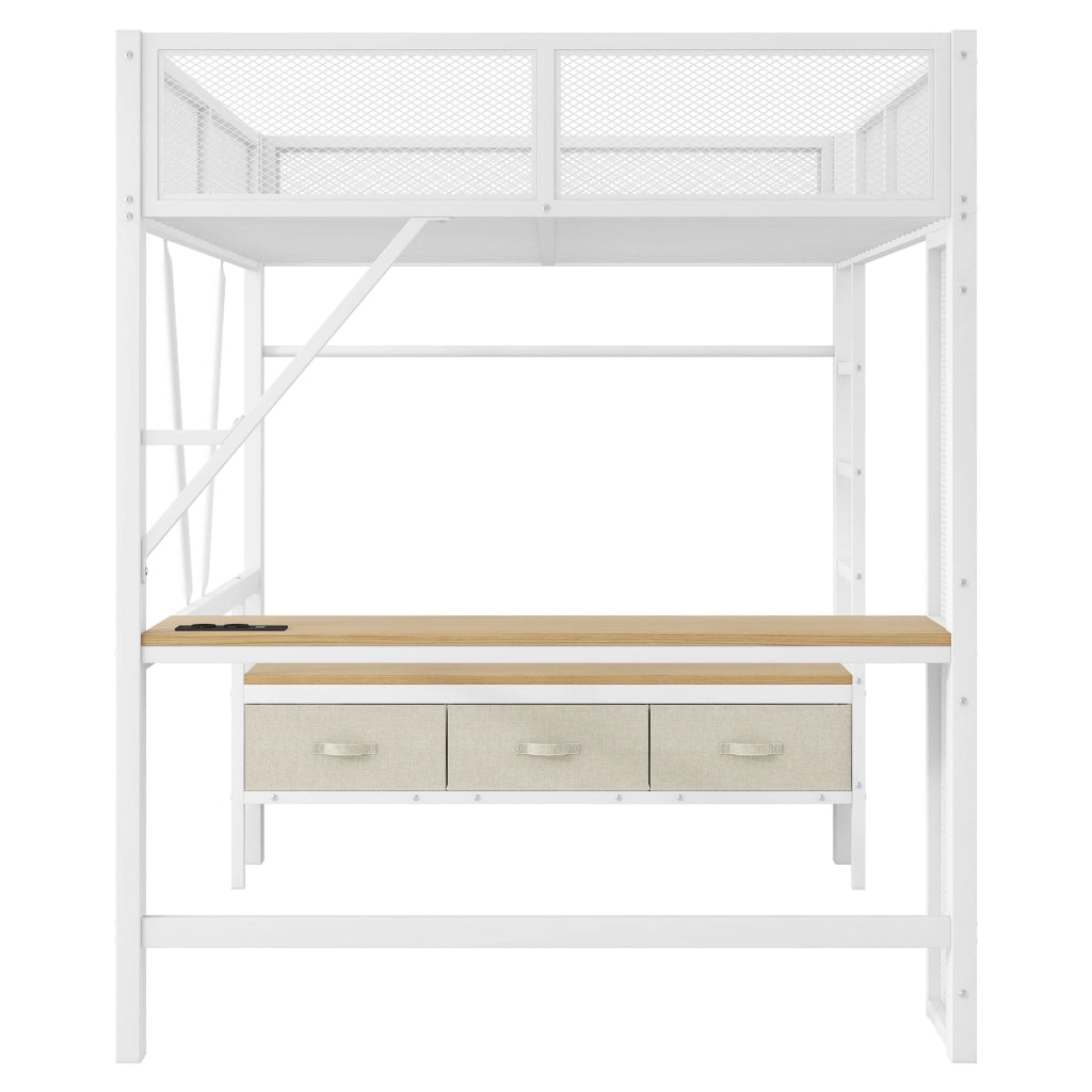 Letto a Soppalco 140x200 cm; USB; LED; Scrivania; Guardaroba aperto; 3 Cassetti - Bianco