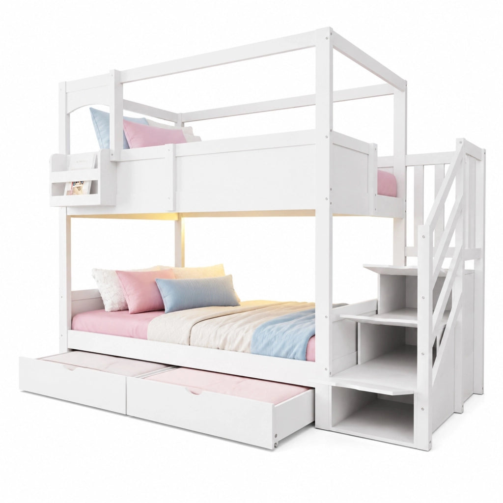 Letto a castello per bambini 90x200 cm in legno; design casetta; bianco; con cassetti e scaletta contenitore