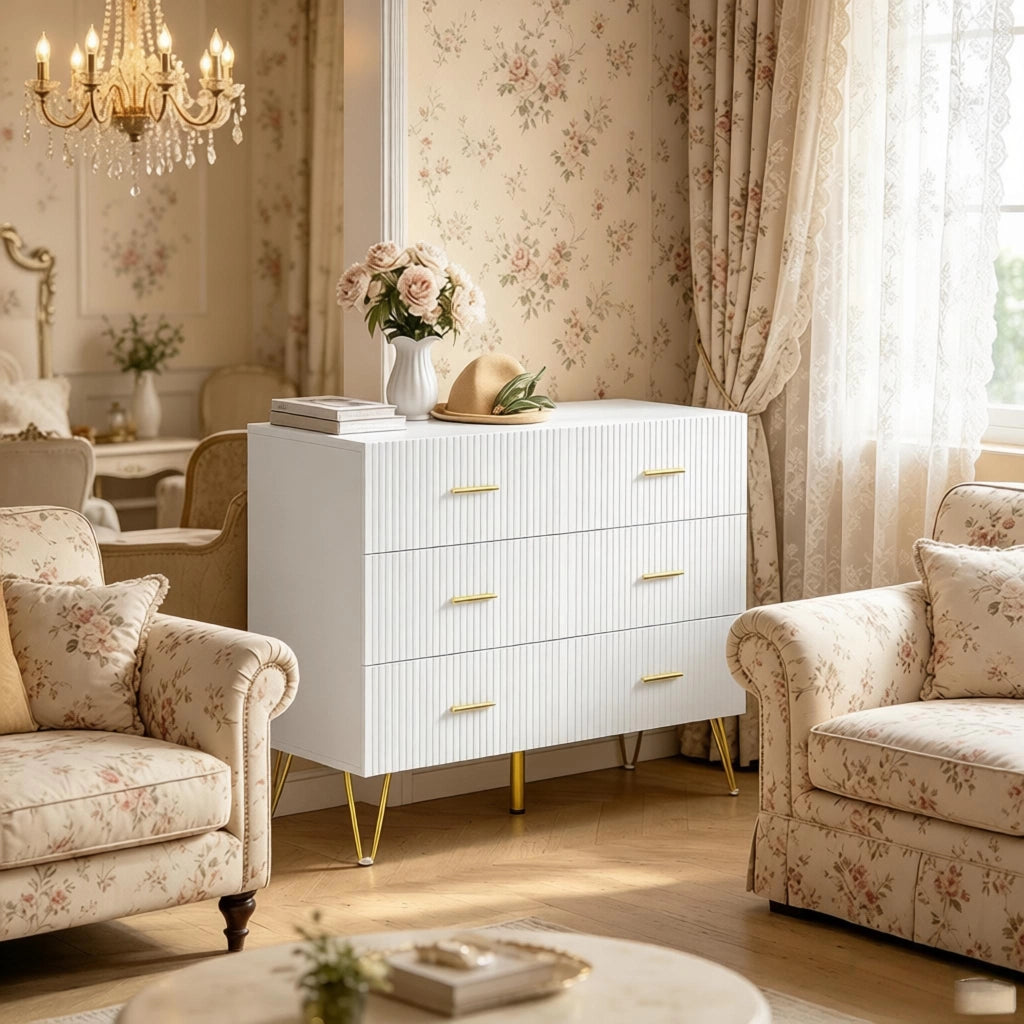 Cassettiera con 6 cassetti in truciolare con rivestimento melaminico bianca e oro per soggiorno e camera da letto