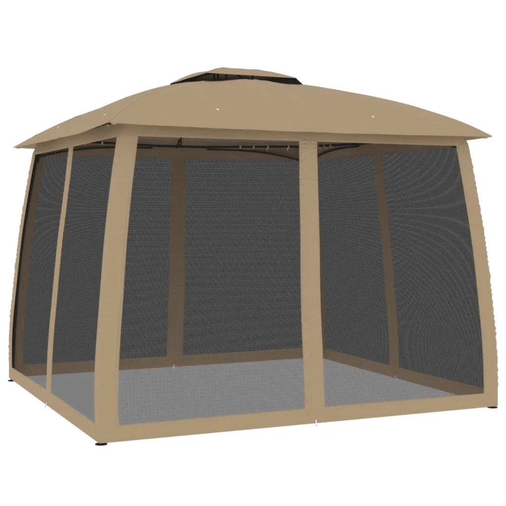 Gazebo | Pergolato con Tetto Doppio/Pareti Rete Tortora 2,93x2,93 m Acciaio