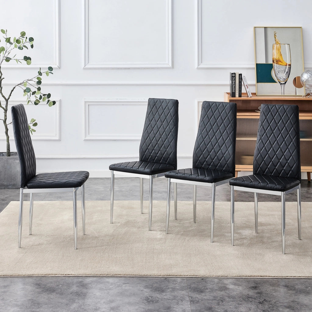 Sedia da Pranzo Set da 4 con Schienale Ergonomico e Gambe in Metallo Cromato, in PU Nero