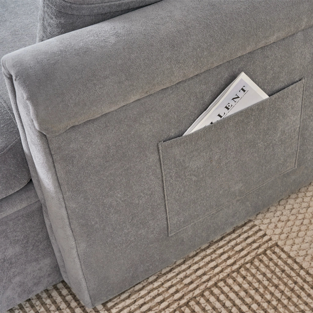 Divano panoramico a U 4-5 posti con funzione letto e contenitore con cuscini in chenille grigio