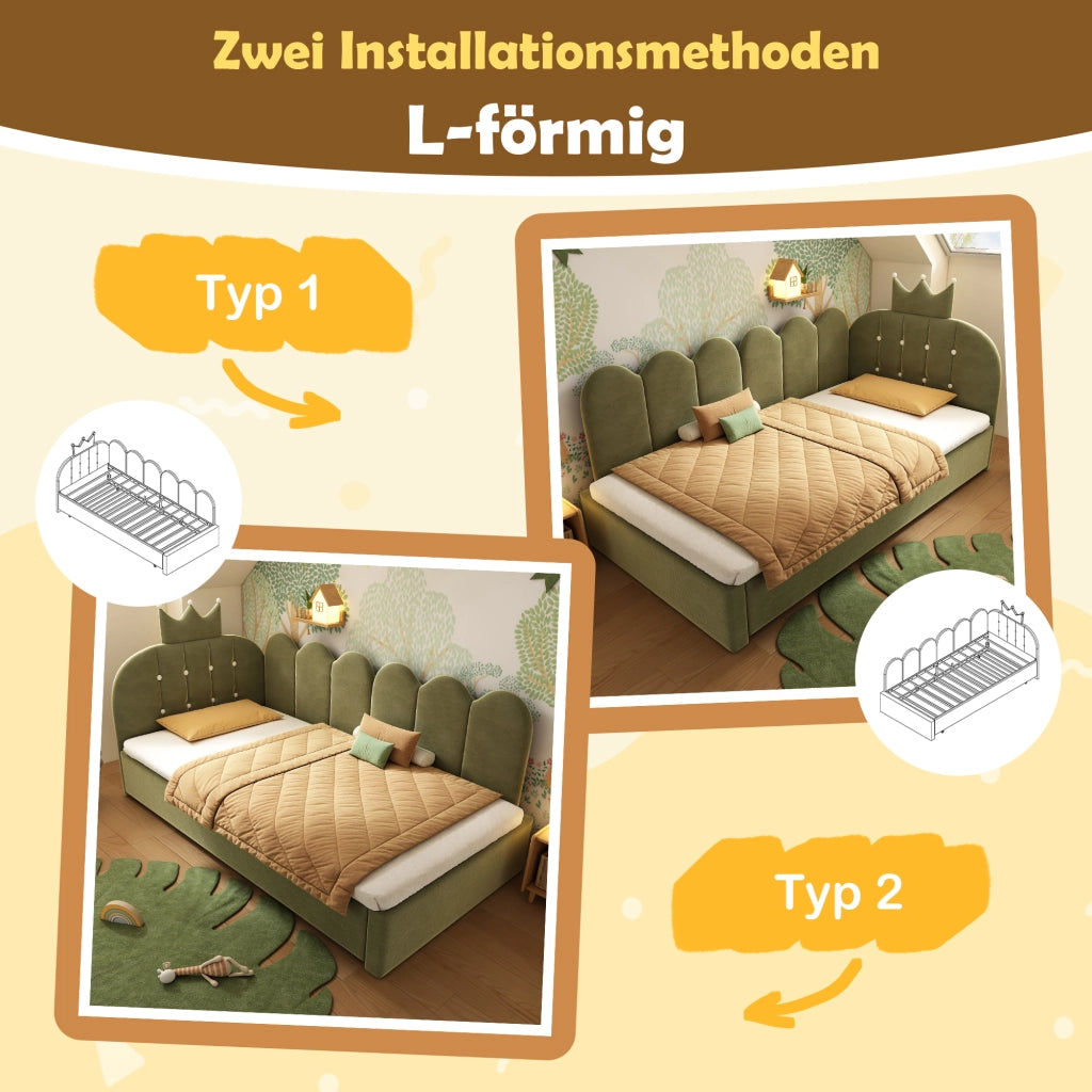 LETTO con letto estraibile 90x200 cm in velluto verde, design corona e griglia