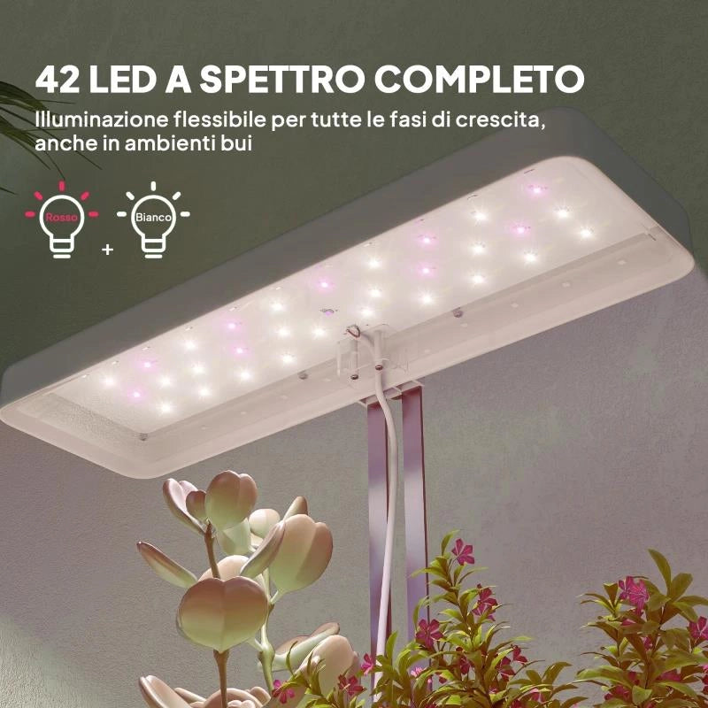 LAMPADE PER PIANTA DA 42 LUCI LED CON 3 VASI, TIMER E ILLUMINAZIONE REGOLABILE, 45X18.8X47.8 CM, BIANCO