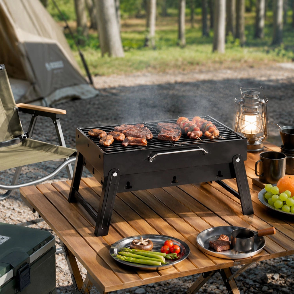 Barbecue A Carbone Portatile Pieghevole BBQ Griglia Con Struttura Resistente In Acciaio Maniglia Integrata Ventilazione Laterale Per Campeggio Picnic Giardino 45.5 x 29.5 x 23 Cm Nero