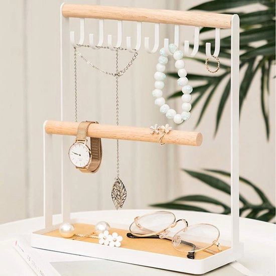 Supporto per gioielli in legno, Supporto per gioielli con hanger, Supporto per catenine con cassetta, Supporto per gioielli con grucce, Cassettino per catenine lunghe, armband, anelli, orologi, cosmetici, Bianco