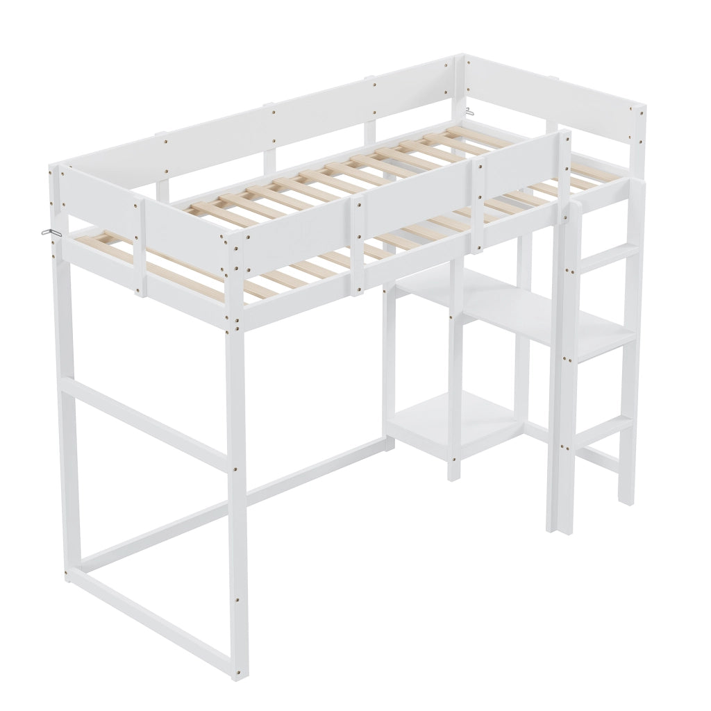 Letto a Soppalco Singolo con Scaffale e Sponde 90 × 200 cm; senza Materasso; in Legno; Bianco
