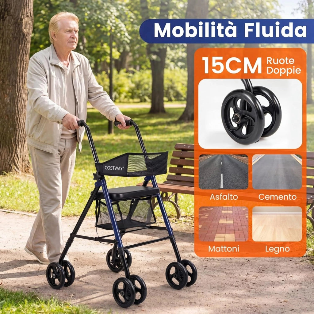 Deambulatore Pieghevole per Anziani, Girello a 4 Ruote con Sedile, Maniglie Regolabili a 8 Livelli, Schienale e Borsa a Rete, Deambulatore Rollator Ultraleggero per Disabil, Portata 136 kg