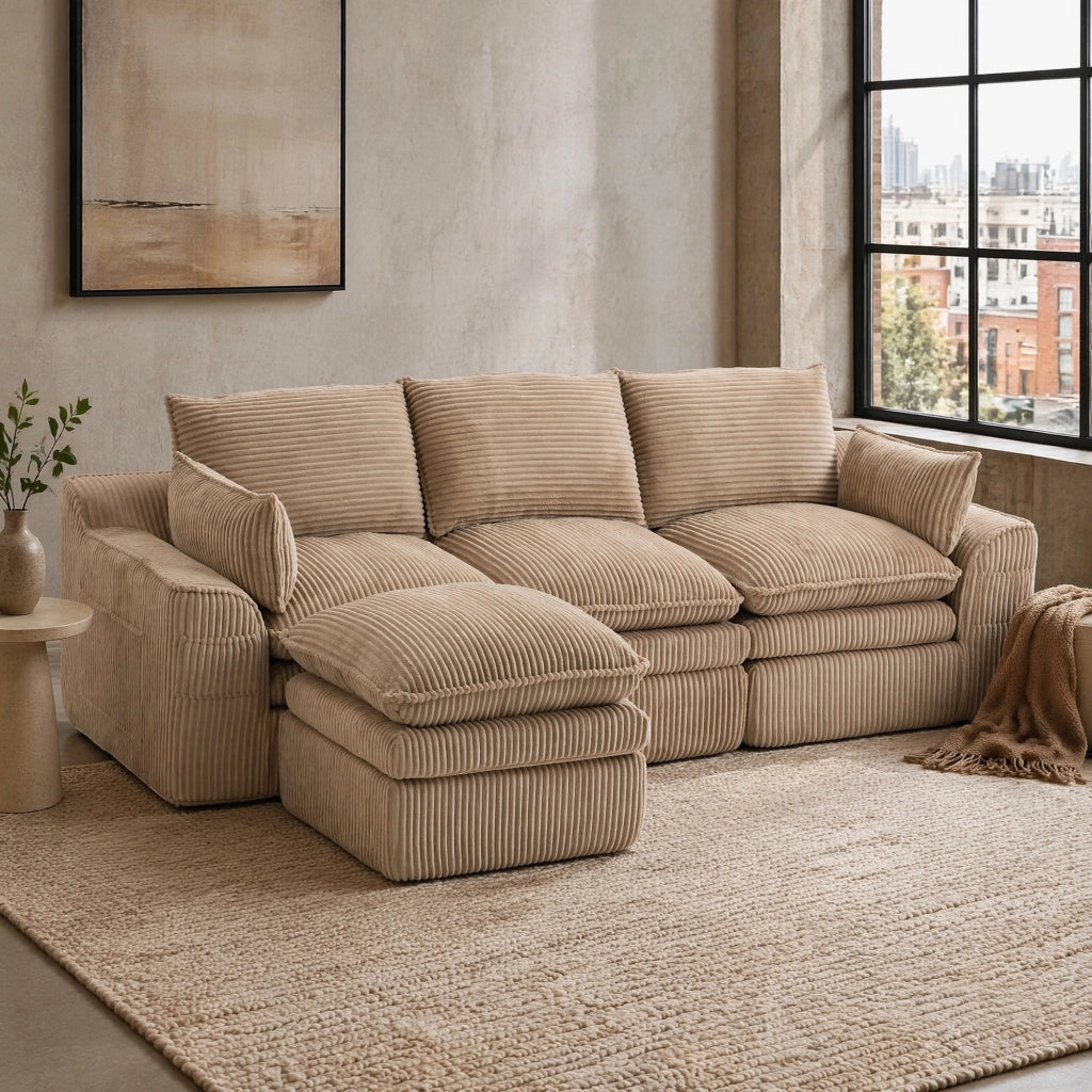 DIVANO modulare 3 posti 263x167x85 cm in corduroy khaki con pouf