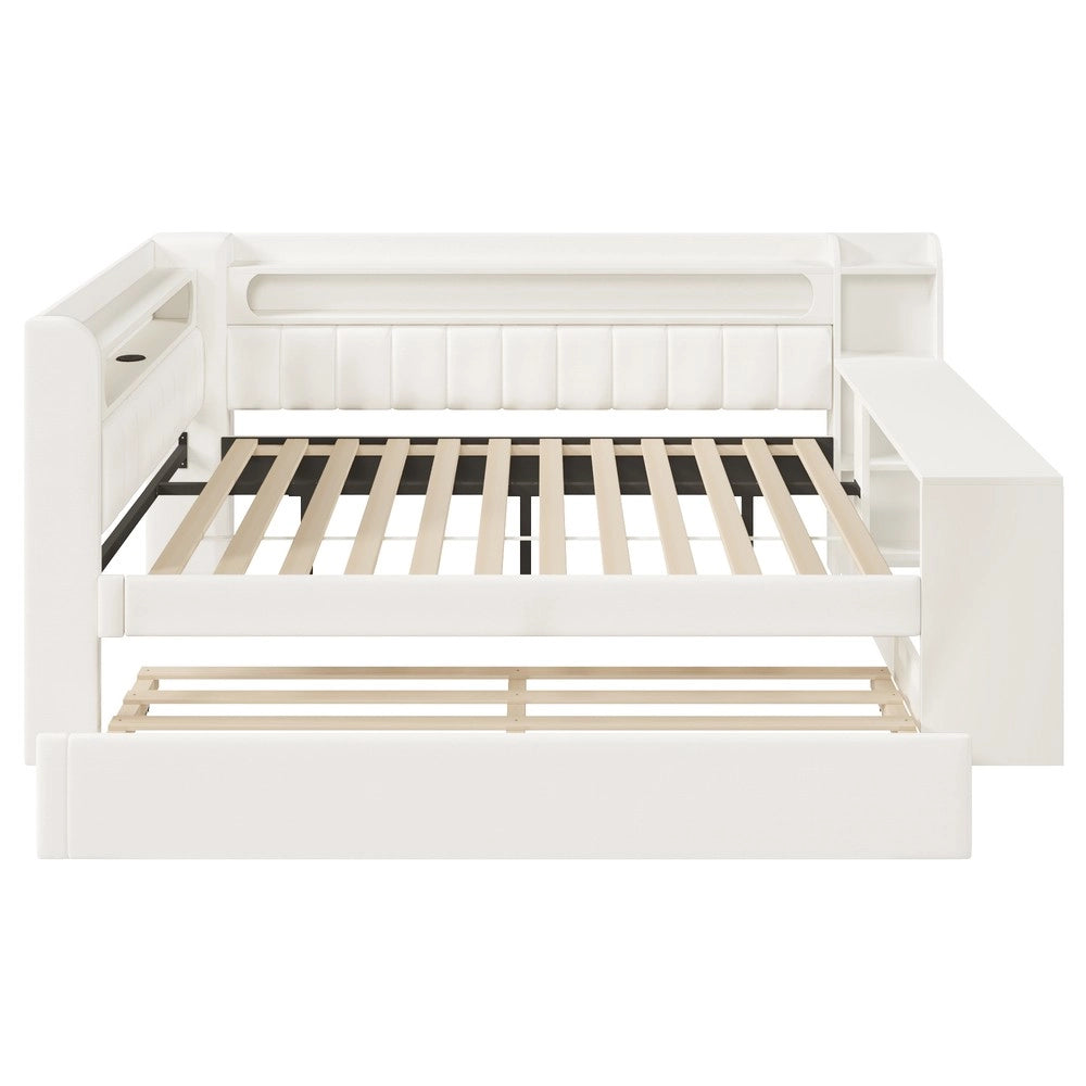 Letto Imbottito con Letto Estraibile e Scrivania ¨C MINIMAL ¨C Bianco, LED, USB, 140x200