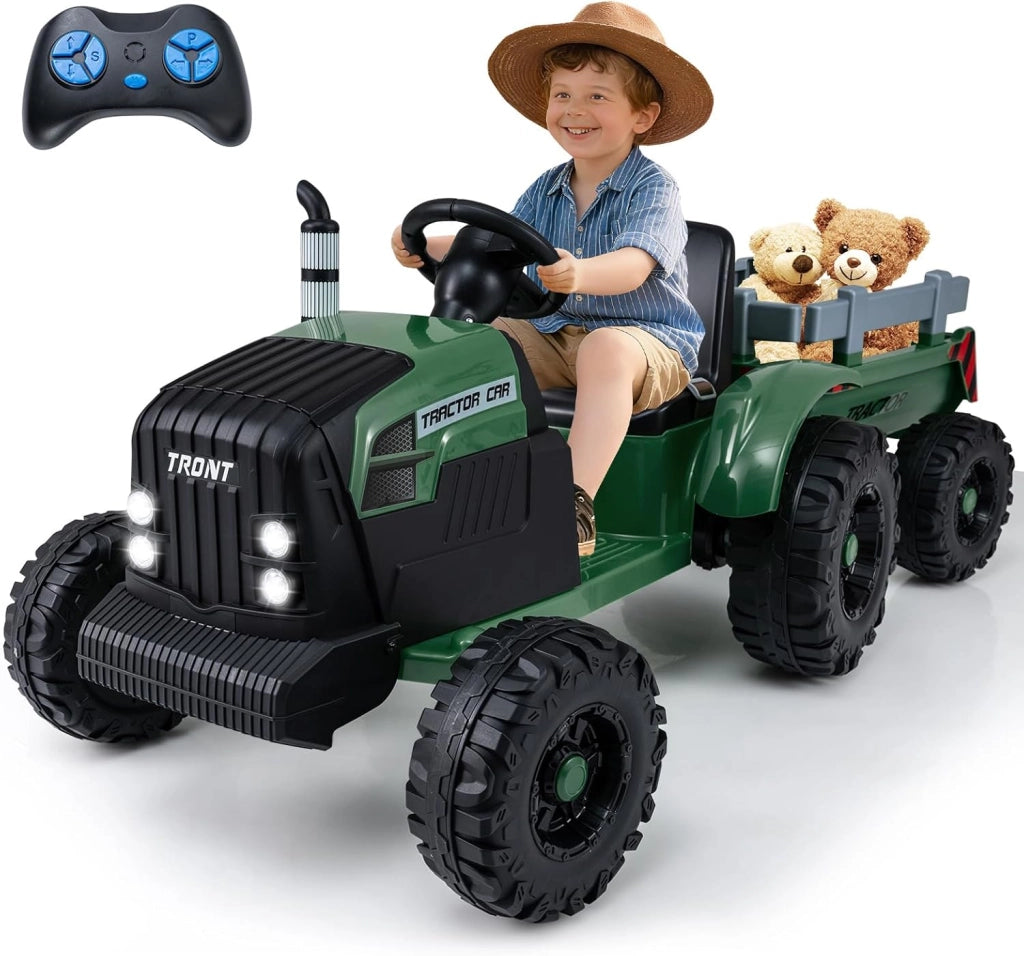 24V Trattore Elettrico per Bambini, Veicolo con Rimorchio Staccabile, Telecomando, Musica, Porta USB, Partenza Morbida, Fari LED, per Bambini 3-8 Anni (Verde)