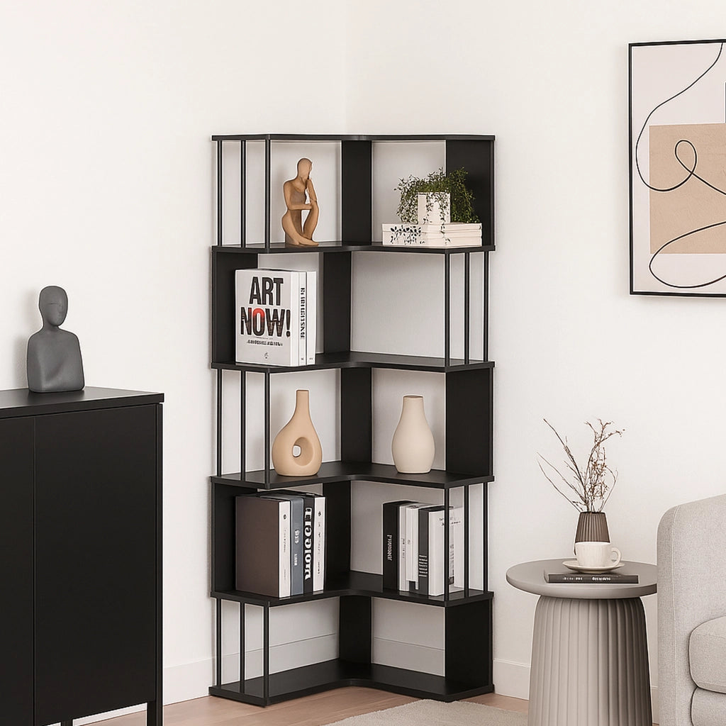 Scaffale Angolare Afrel con 5 Ripiani Aperti 160x54x54 cm - Nero [en.casa]