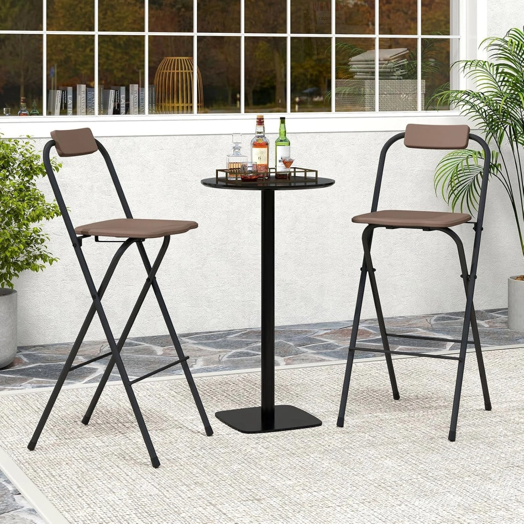 Set di 2 Sgabelli da Bar Pieghevoli, Sedia Alta con Schienale e Poggiapiedi, Struttura in Metallo, per Interno ed Esterno, Portata 150 kg (Marrone)