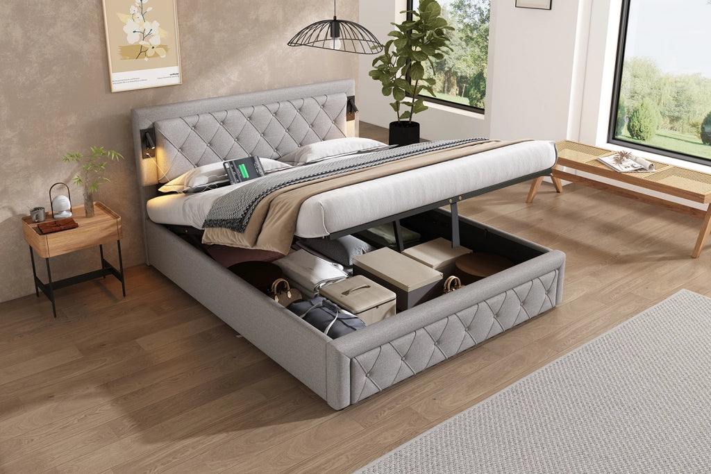 DESMIU Lit coffre 2 places avec LED, USB e contenitore, sans matelas, in lino, grigio
