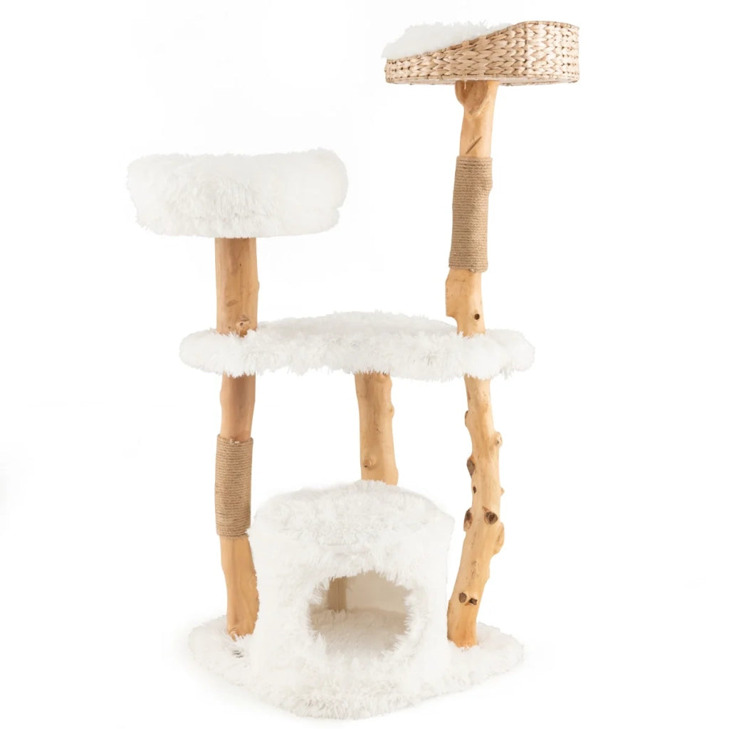 Tiragraffi in legno 48 x 48 x 124 cm con trespolo superiore e confortevole cuccia privata in bianco naturale 20_0010115