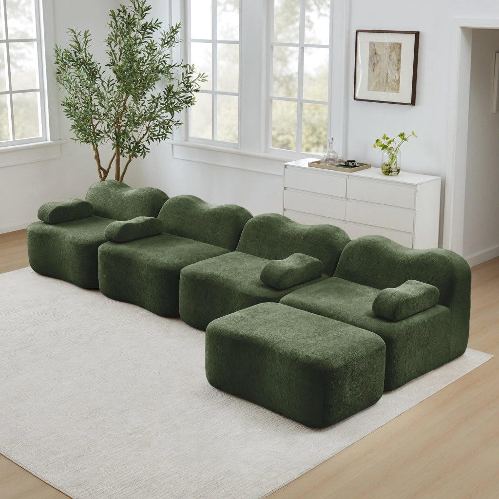 Divano angolare modulare 4 posti senza struttura con pouf, forma ondulata, per soggiorno e appartamento, in velluto verde
