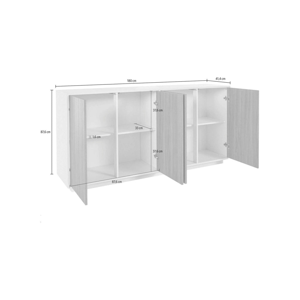 Credenza Aulina, Madia da cucina a 4 ante, Buffet da soggiorno, 100% Made in Italy, cm 180x41h86, Bianco lucido