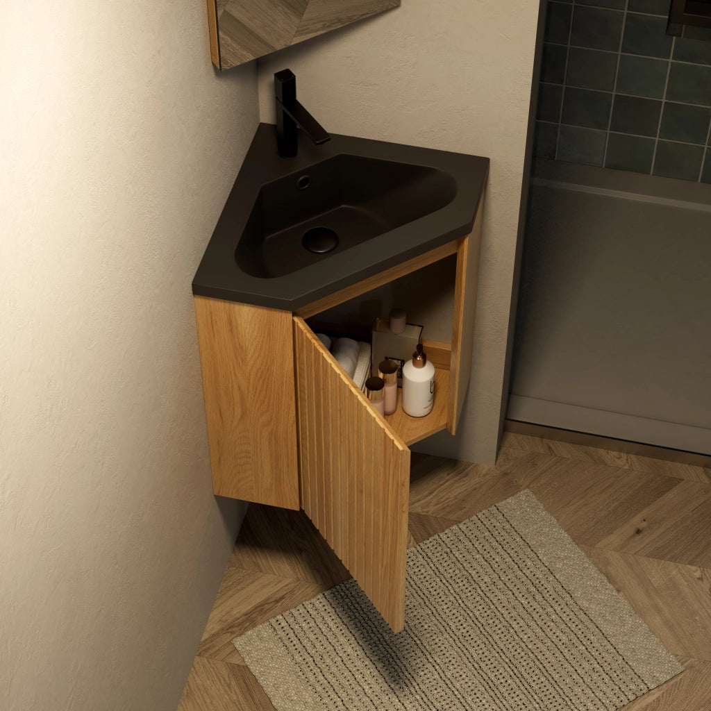 MOBILE BAGNO ANGOLARE 38 cm con lavabo integrato in resina nero e legno naturale
