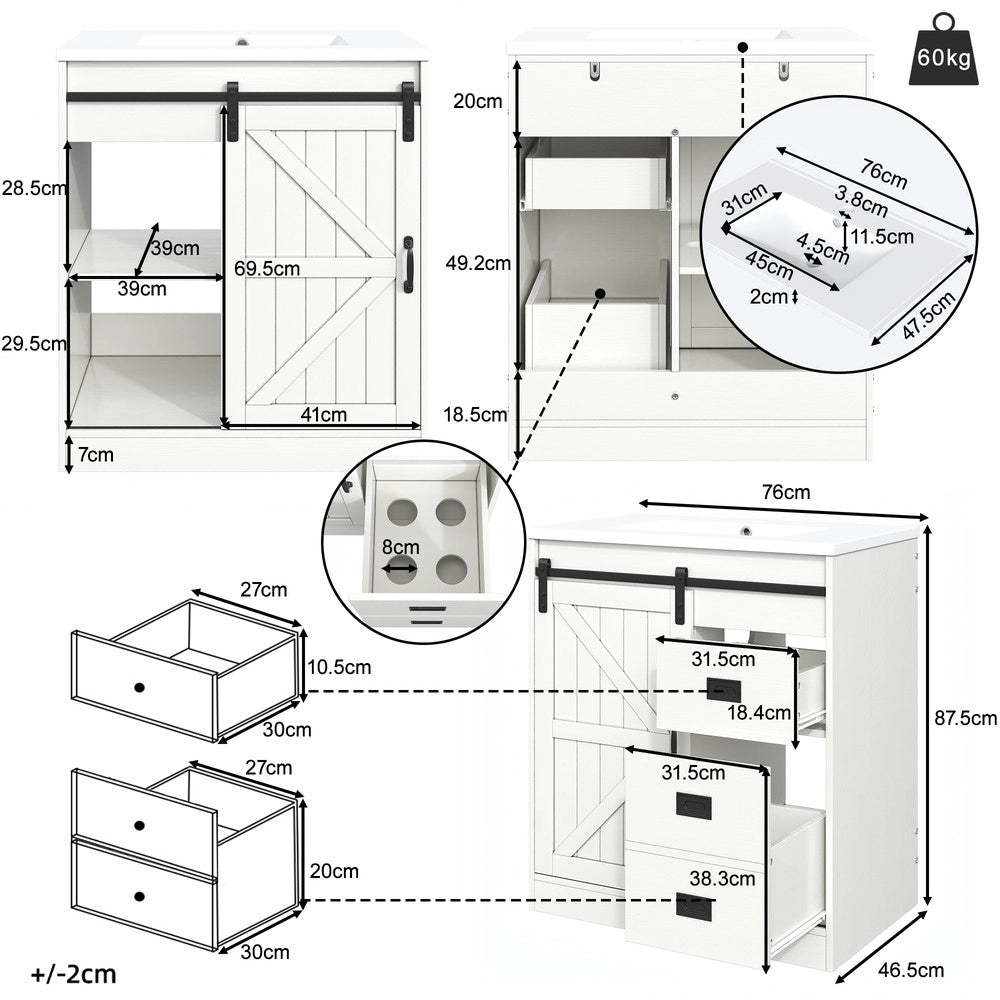 Mobile Bagno con Lavabo in Ceramica, Cassetti e Ante ¨C Xylo ¨C Bianco