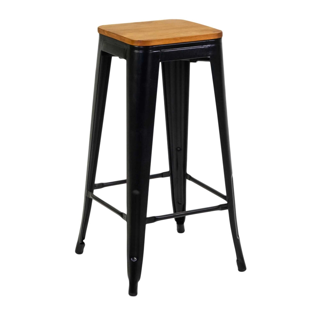 Sgabello New Bristol 42x42xh76 cm in Ferro Nero con seduta in Legno