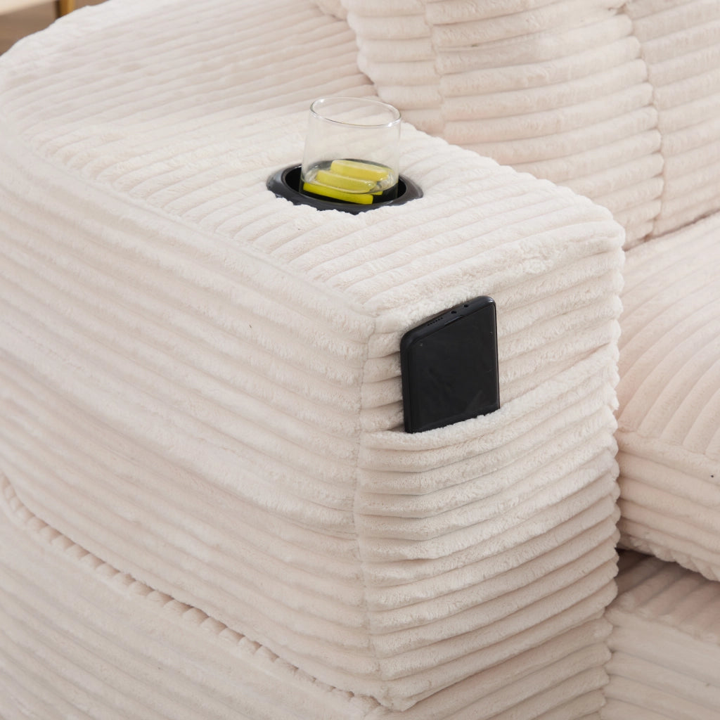 Poltrona letto 2 in 1 in corduroy beige, con funzione relax, doppio portabicchieri e tasche laterali