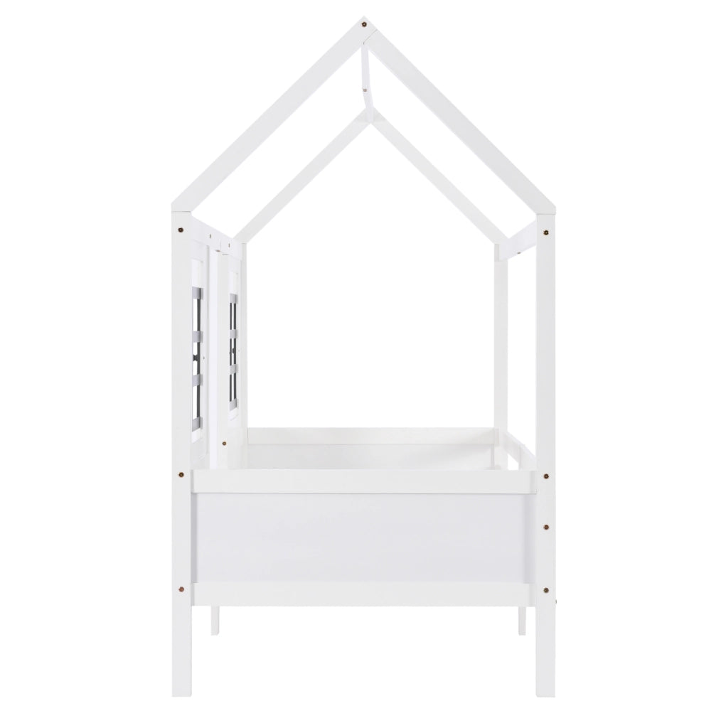 Letto singolo a casetta per bambini con 2 finestre 200x90 cm in legno massello e MDF bianco