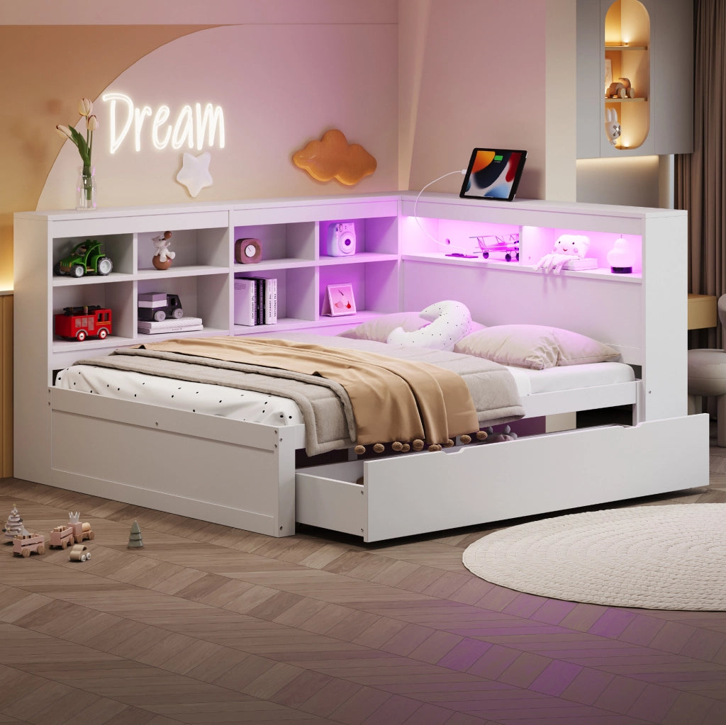 Letto matrimoniale multifunzionale 140x200 cm in legno bianco con USB; LED e vano contenitore