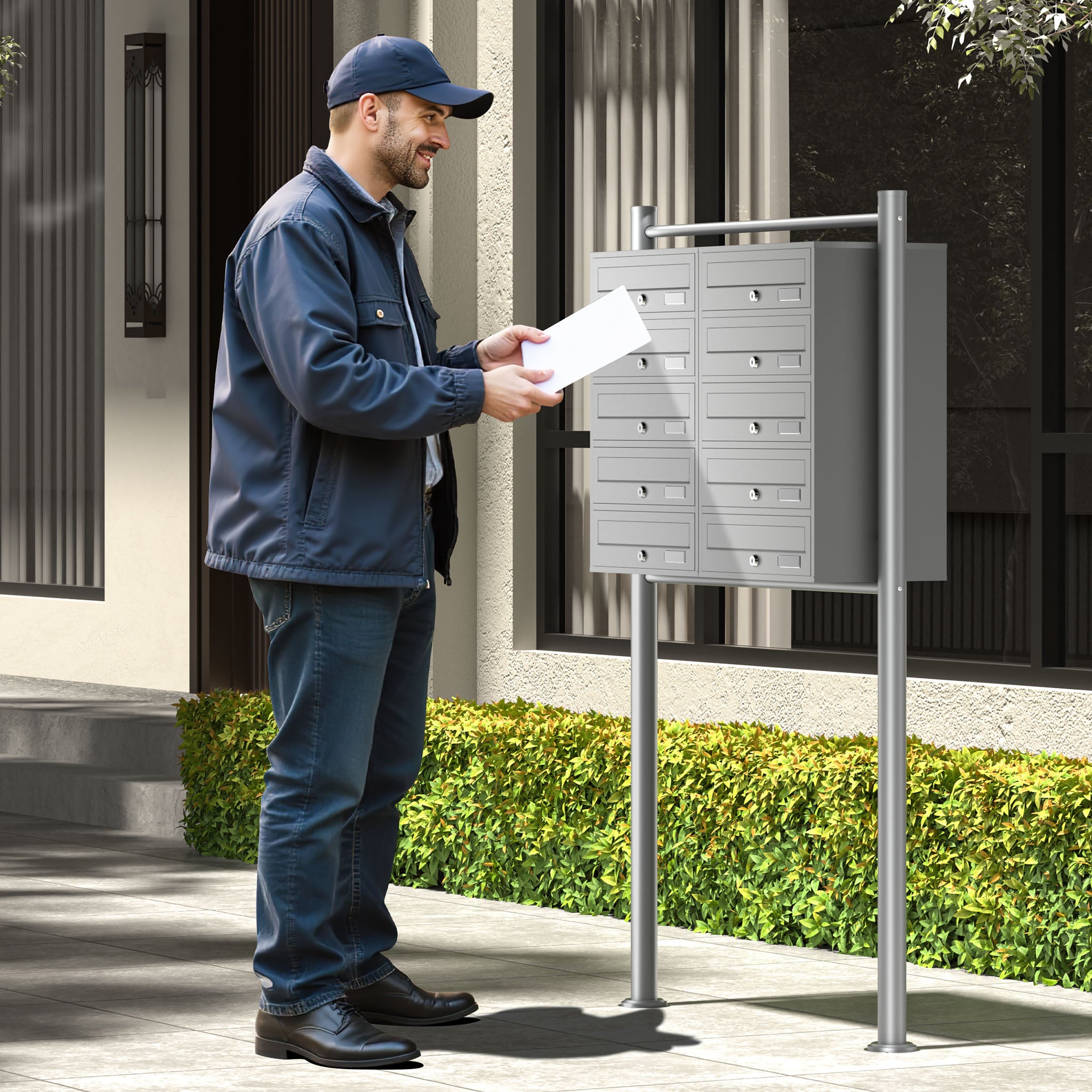 Cassetta postale condominiale autoportante 10 posti, grigio, 2 moduli con supporto a terra