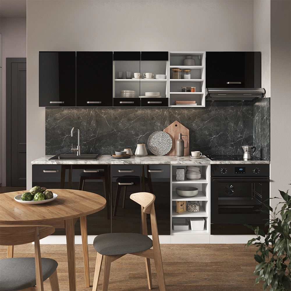 Cucina componibile R-Line Nero lucido/Bianco 240 cm senza piano di lavoro Vicco