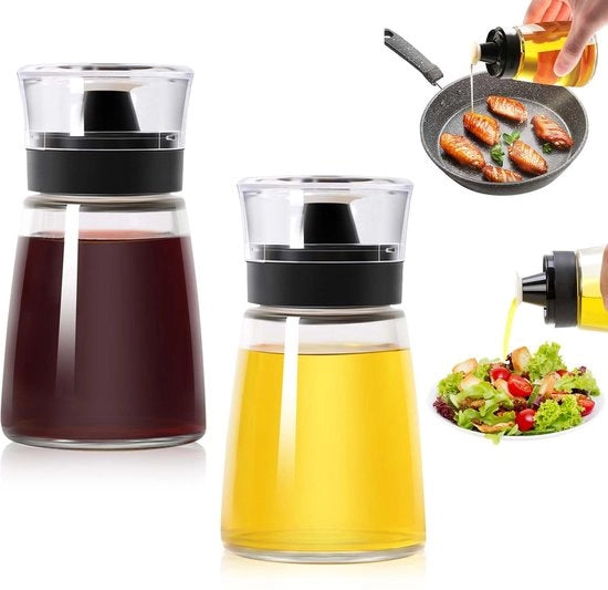 Set di Dispensatori di Olio 2 Pezzi - 160 ml - Vetro/Silicone - Senza Viti - Per Camping/Cucina - Bottiglie Pratiche