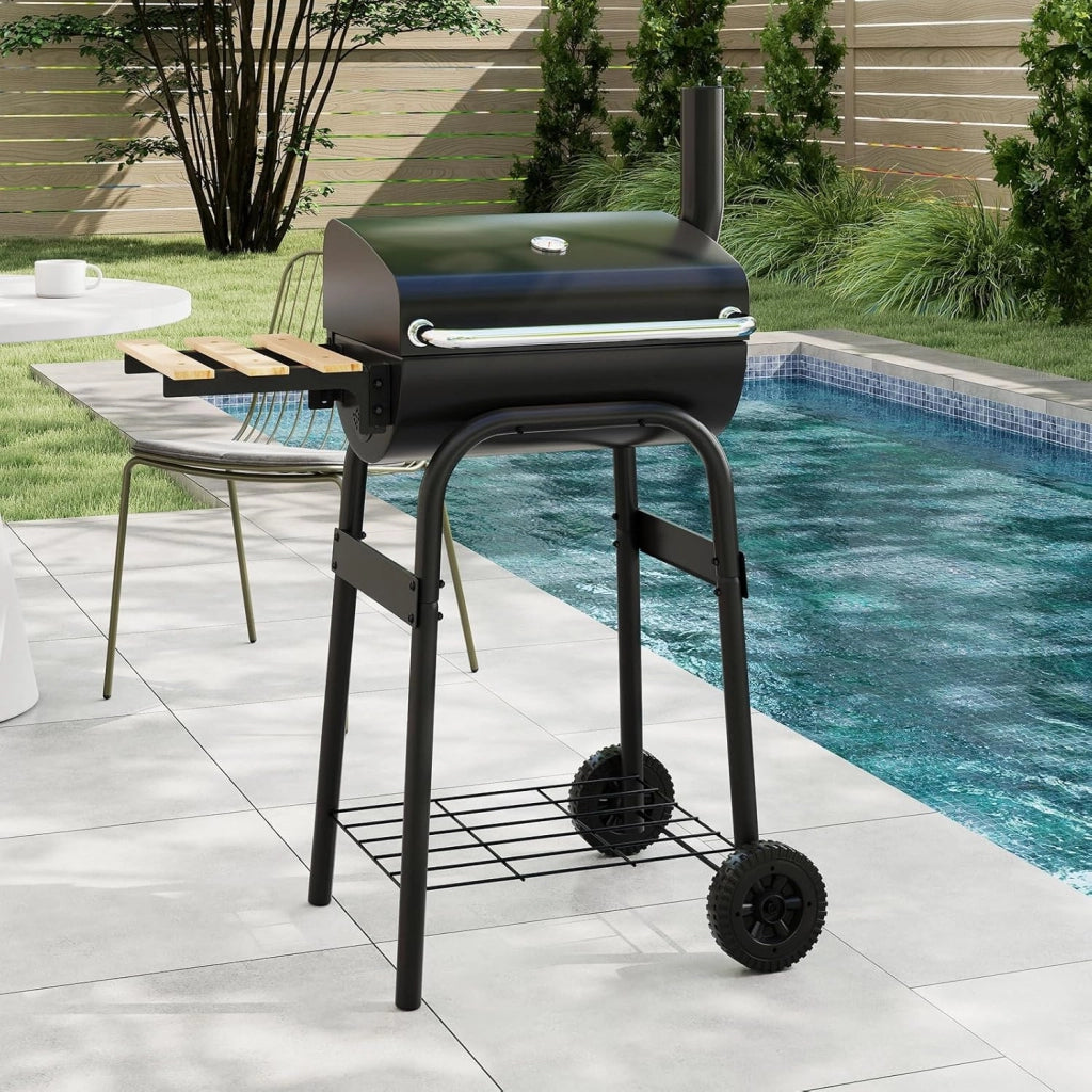 Barbecue a Carbonella con Ruote, Griglia a Carbone da Esterno con Coperchio, Termometro, Tavolo Pieghevole e Manico in Acciaio Inox, Barbecue Portabile per Giardino, Campeggio e Picnic
