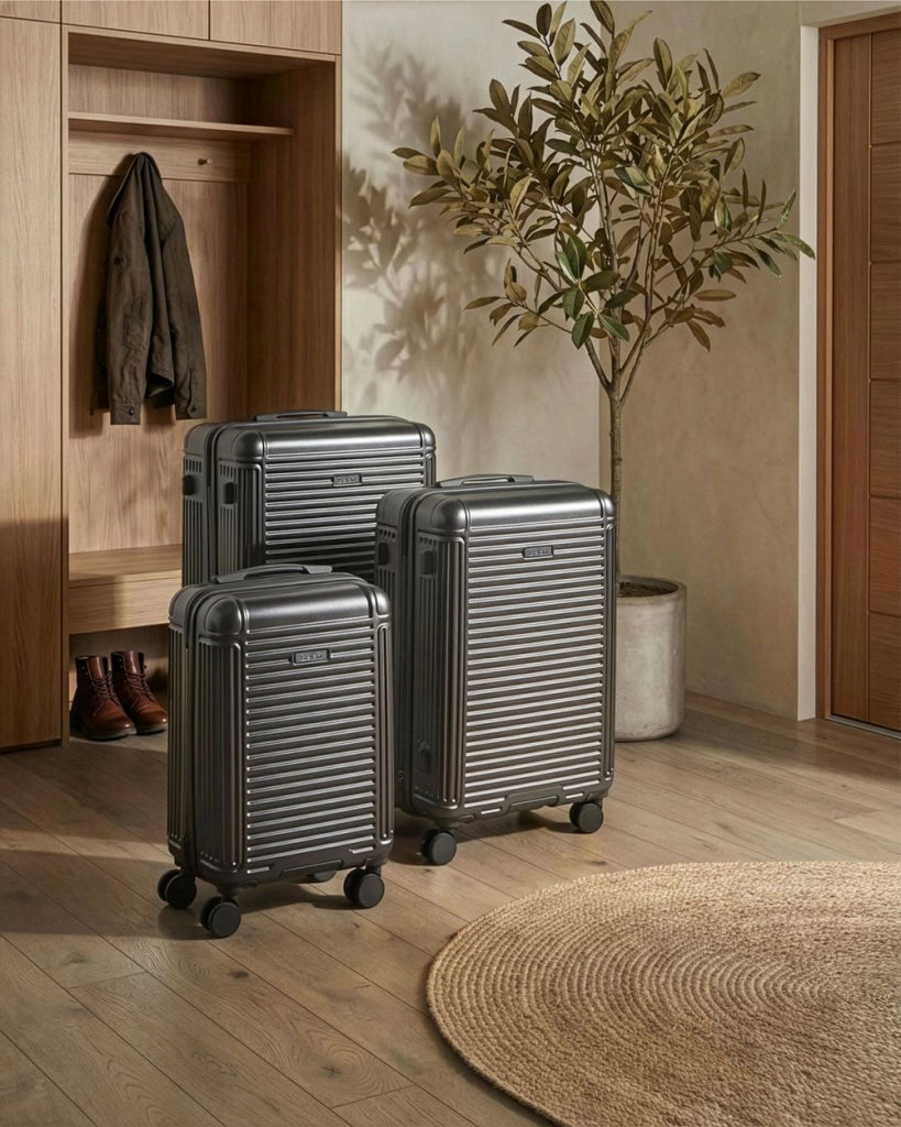 Set di 3 valigie grigio grafite in materiale sintetico con ruote silenziose in ferro e cerniera antifurto 3 misure Lucchetto TSA Comodità