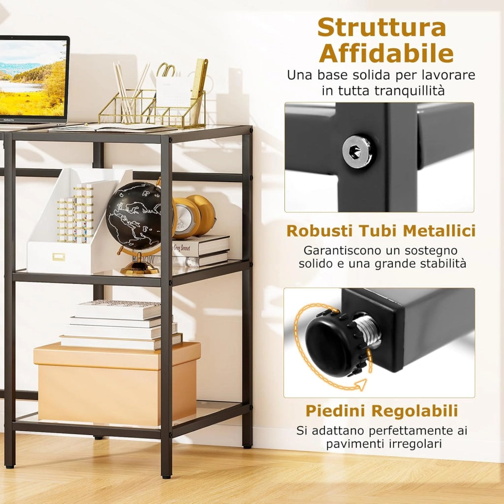 Scrivania con 2 Ripiani, Scrivania in Vetro Temperato e Acciaio, Scrittoio Salvaspazio e Moderno, Tavolo Versatile per Ingresso, Camera da Letto e Studio 106 x 51 x 77 cm (Nero)