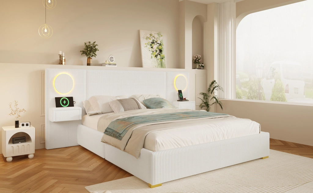 Letto matrimoniale 180x200 imbottito in velluto beige testiera con luci led e comodini laterali