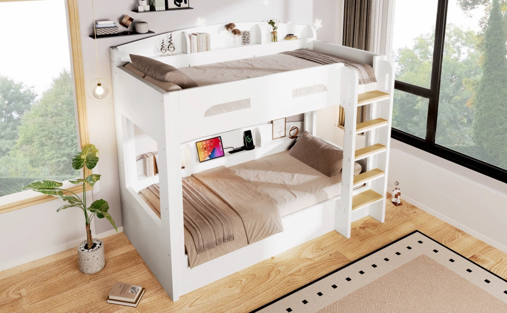 Letto a castello in legno bianco 90x200 con presa USB e mensole