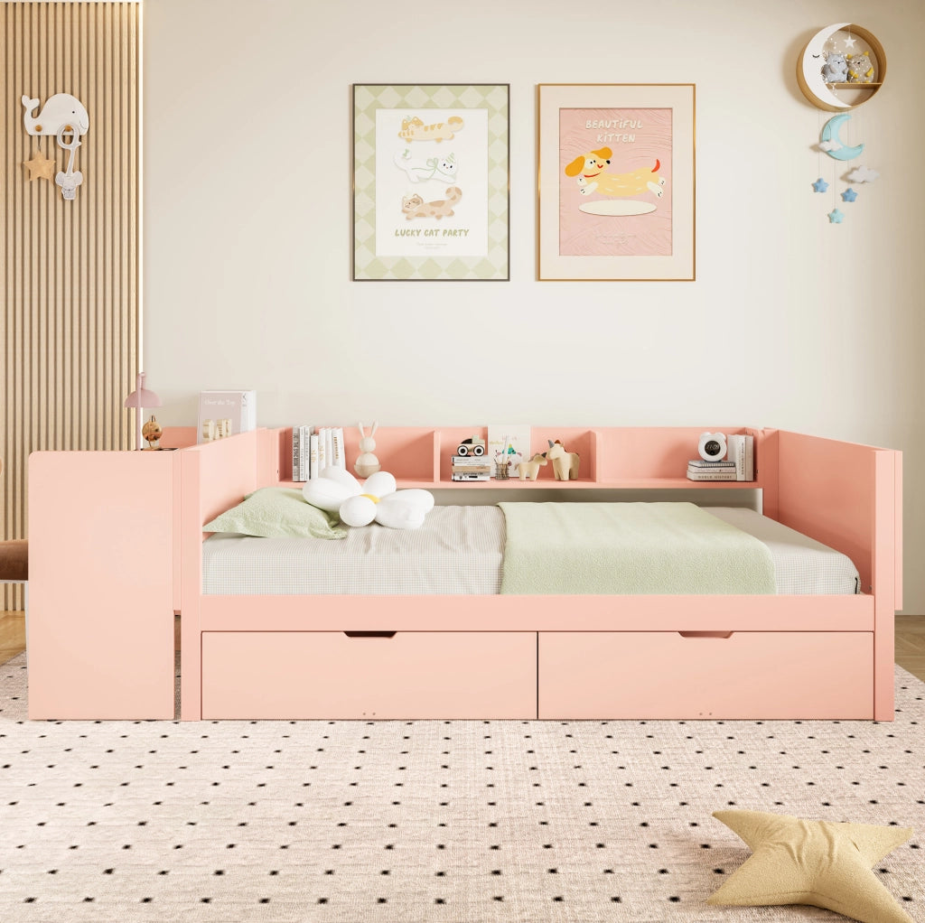Letto singolo 90x200 cm con scrivania; 2 cassetti e 3 ripiani in legno di pino e truciolare