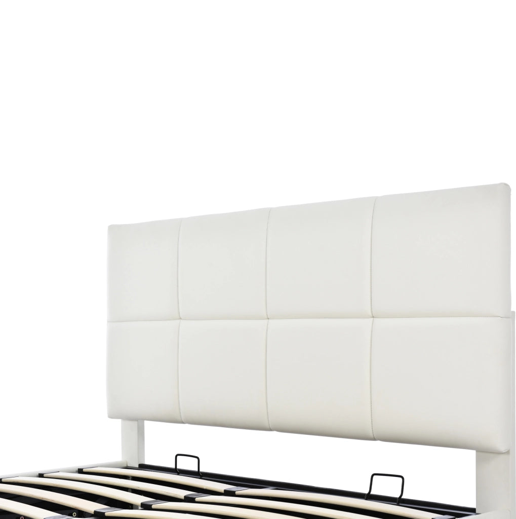 Letto matrimoniale 140x200 cm con LED; contenitore idraulico e rivestimento in similpelle bianco