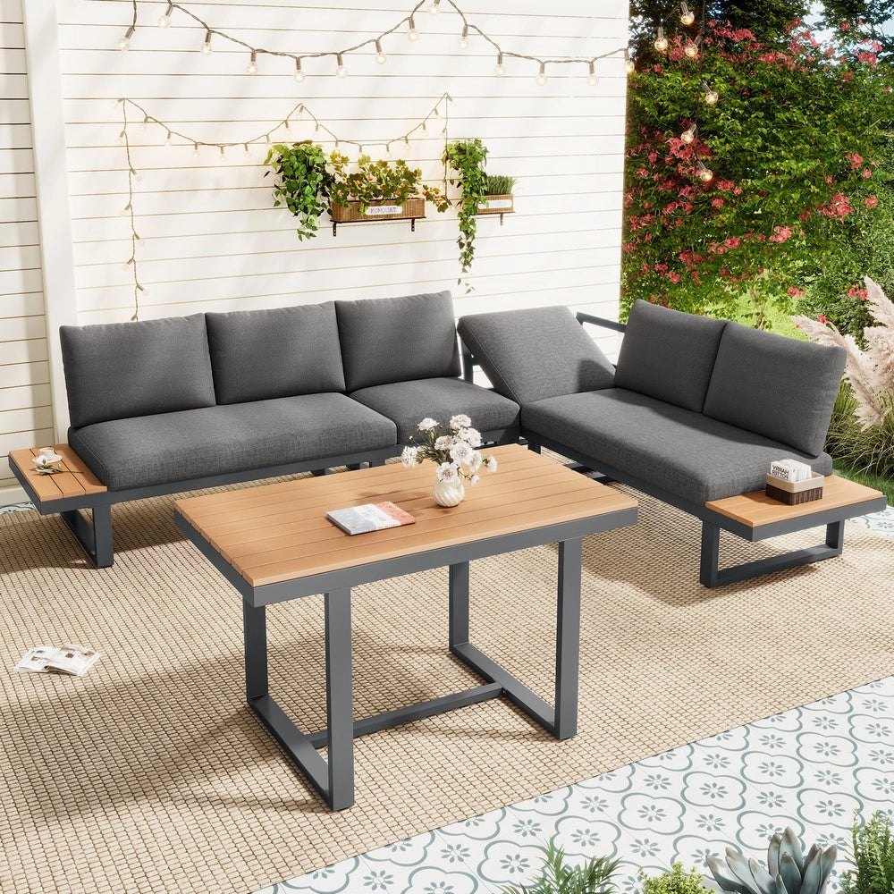 Set da Giardino con Tavolo e Sedie ad Angolo ¨C Xylo ¨C Grigio/Nero, Acciaio/Polyrattan