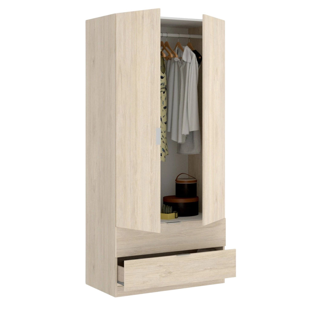 Guardaroba Anya, Mobile appendiabiti per camera da letto, Armadio a 2 ante battenti e 2 cassetti, 81x52h184 cm, Rovere