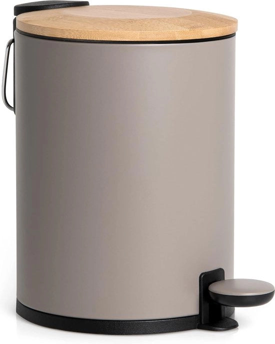 Cestino Bagno in Bamboo | Chiusura Automatica e Fissaggio | 3 litri | Grigio Caldo