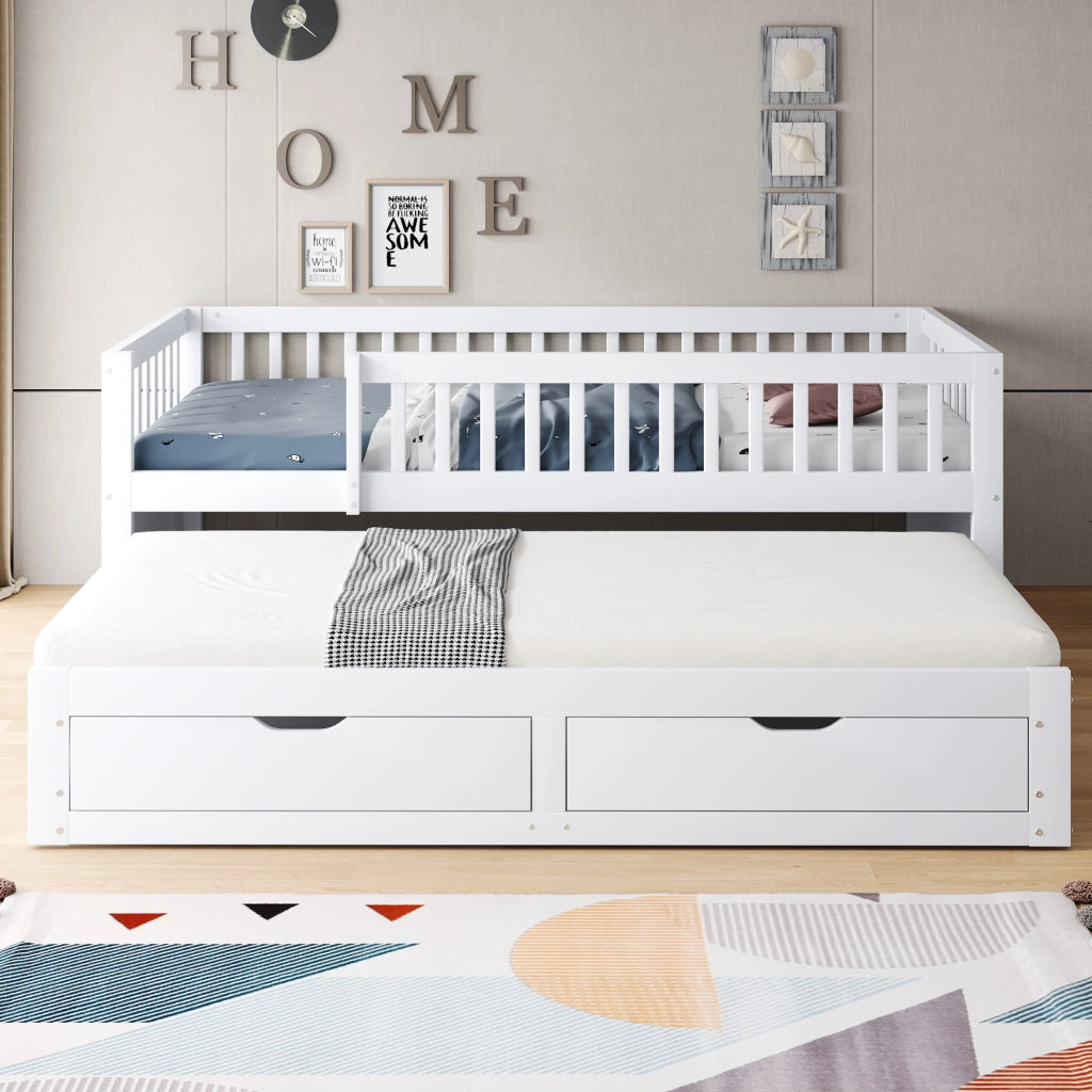 Divano letto in legno multifunzionale con letto estraibile, due cassetti e sponda di sicurezza bianca 90 × 200 cm