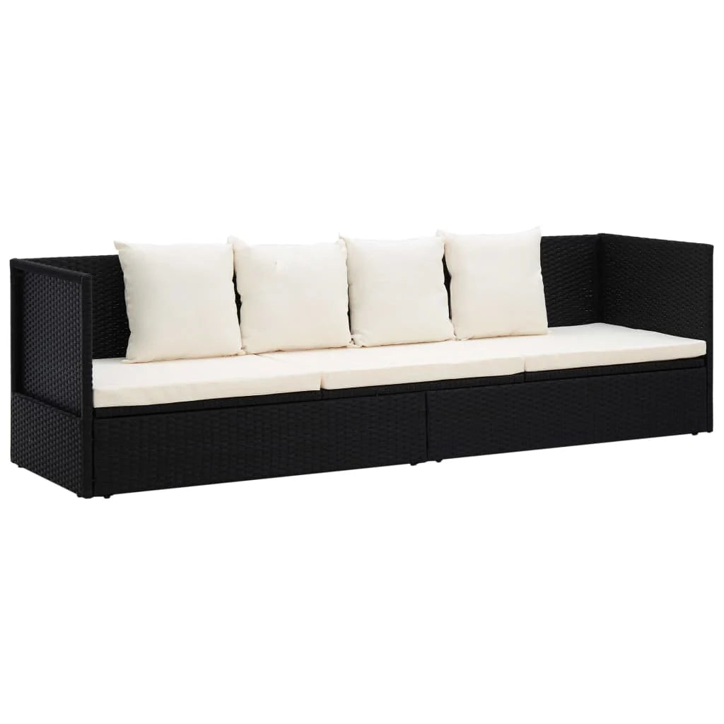 Divano chaise longue in resina intrecciata nera con cuscino e guanciali 02_0012001