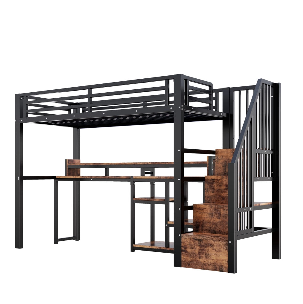 Letto a soppalco 90x200 cm in metallo e MDF nero con scrivania, senza materasso –