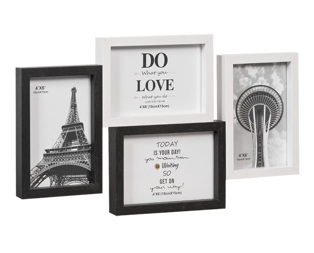 Cornice Portafoto Multipla Mosaico Legno MDF Parete Bianco Nero 4 Foto Da 10x15 Cm