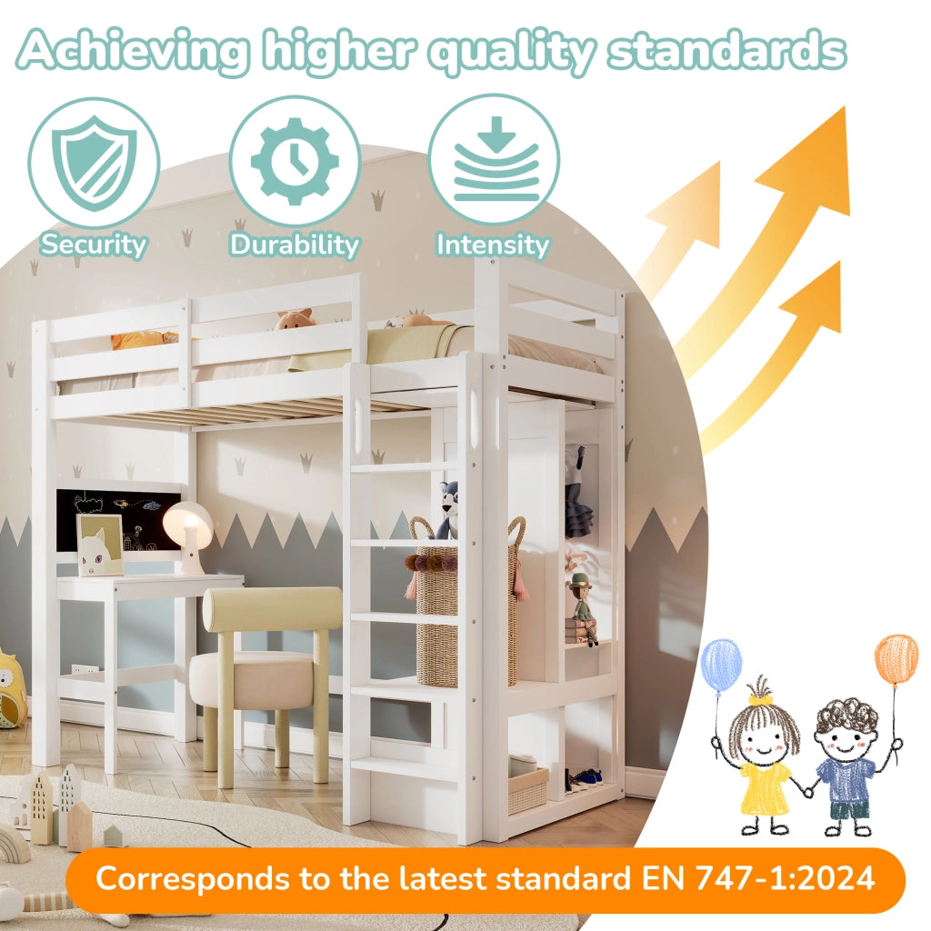 OKWISH Letto a Soppalco 90×200 cm, Letto Singolo con Scrivania, Lavagna e Armadio Aperto, senza Materasso, in Legno, Bianco