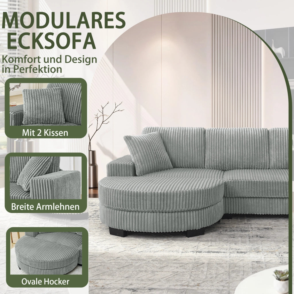 Divano angolare modulare a L con pouf ovale e 2 cuscini in corduroy, seduta confortevole grigio 256.5 × 133.5 × 89 cm